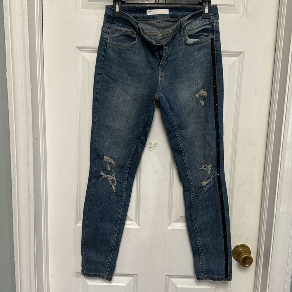 Women’s Zara Denim Jeans with Rhinestone Stripe